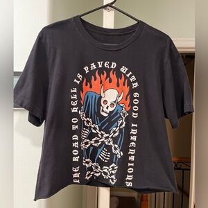 Black Graphic Tee with Skull and Flames